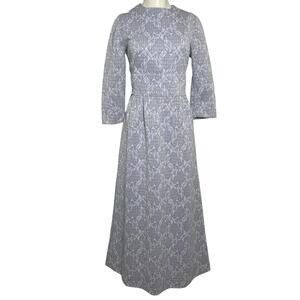 Vintage 60s 70s Silver Lurex Brocade Maxi Dress Mod Geometric SMALL